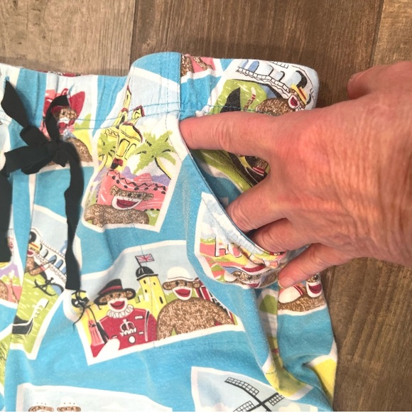 Nick & Nora Sock Monkey Tourist Pajama Pants Womens Medium Paris Japan Alamo - Picture 6 of 8